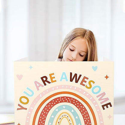 Whaline 30Pcs Privacy Boards Boho Classroom Desk Dividers Colorful Rainbow Heart You are Awesome Desk Privacy Panel Foldable Screen Partition for School Teacher Student Test Supplies