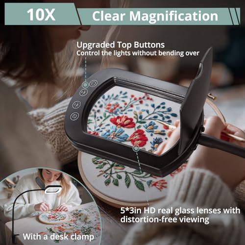 COLFULINE 10X Magnifying Glass Floor Lamp 5 Color Mode & Stepless Dimming | 10X HD Square Glass Lens,Dust Cover & Clamp Design,Adjustable Telescopic Pole & Stable Heavy Base,40cm Flexible Gooseneck