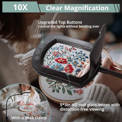 COLFULINE 10X Magnifying Glass Floor Lamp 5 Color Mode & Stepless Dimming | 10X HD Square Glass Lens,Dust Cover & Clamp Design,Adjustable Telescopic Pole & Stable Heavy Base,40cm Flexible Gooseneck