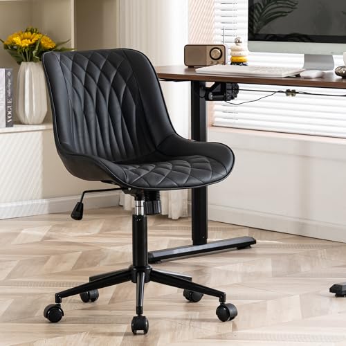 YOUNIKE Faux Leather Office Desk Chair Comfy Vanity Chair Armless Black | Ergonomic Upholstered Rocking Back, Swivel with Wheels, Height Adjustable, Modern Task Chair For Computer Sewing Drafting - color: Black