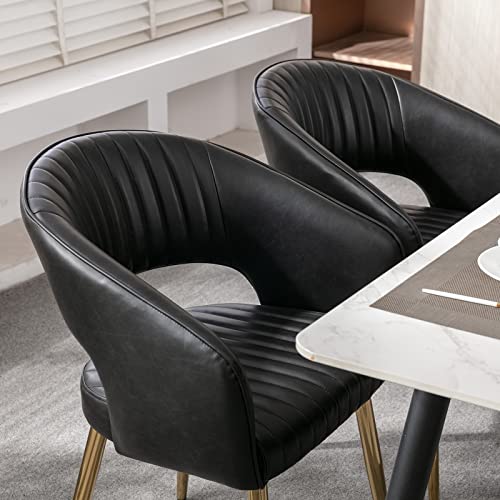 Modern Dining Chairs Set of 2, Upholstered PU Leather Gold Dining Room Chairs with Hollow Back, Accent Armrest Kitchen Chairs with Gold Legs for Living Room Black - color: Black 1
