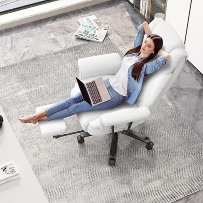 GYI 160 Reclining Office Chair with Footrest, Big & Tall Desk Chair, White | Cross Legged Seat, High Back, Faux Leather, Heavy Duty Base, Adjustable Height, for Home, Executive - color: White