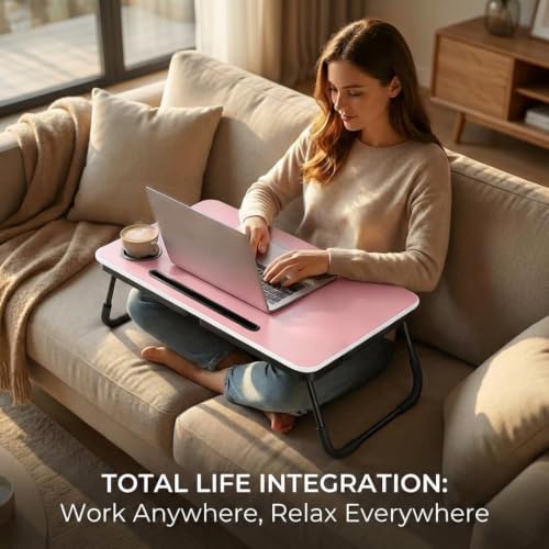 BUYIFY 23.4" Foldable Lap Desk Bed Table with Cup Holder Portable Tray - color: Pink