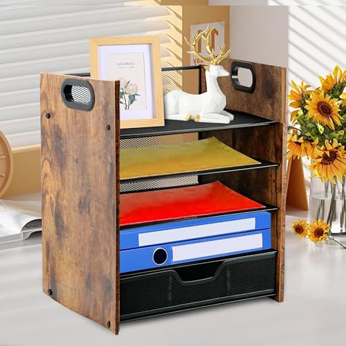 Desk Organizer, 5-Tier Desktop File Organizer with Drawer, Wooden Paper Tray Organizer, Office Desk Organzier and Accessories for Papers, Mail, Notebooks, Stationery - size: 5 Tier Drawer