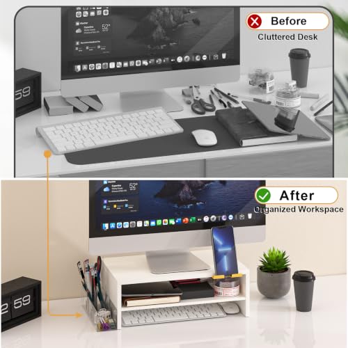 TEAMIX 2-Tier White Monitor Stand Riser with Phone Holder&Clear Pen Holder - color: White, size: 15.7 x 9.5 x 5.7 inches