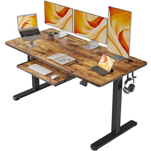 FEZIBO Standing Desk with Keyboard Tray, 60 x 24 Inch Adjustable Height Sit Stand Desk with Memory Presets for Home Office, Ergonomic Computer Workstation, Rustic Brown