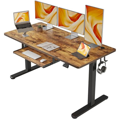 FEZIBO Standing Desk with Keyboard Tray, 60 x 24 Inch Adjustable Height Sit Stand Desk with Memory Presets for Home Office, Ergonomic Computer Workstation, Rustic Brown