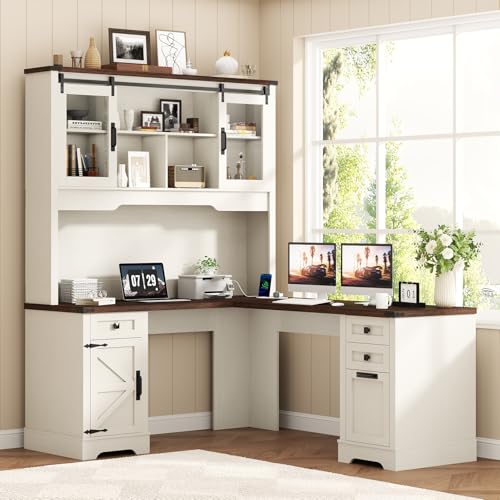 Squireewo 68.9'' Farmhouse L Shaped Desk with Hutch and Drawers, 76" High Wood Executive Home Office Desk with Charging Station, File Drawer and Cabinet, Computer Corner Desk with Sliding Doors, White - color: Rustic White, size: L Shaped Desk with Hutch