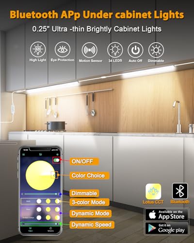Dimmable 12 Inch Ultra Thin Under Cabinet Lighting, Under Cabinet Lights Plug in, Multi-Color Super Bright LED Lights Bar Under Counter Lights Indoor for Kitchen, Shelf, Closet, Desk (3 Pack)