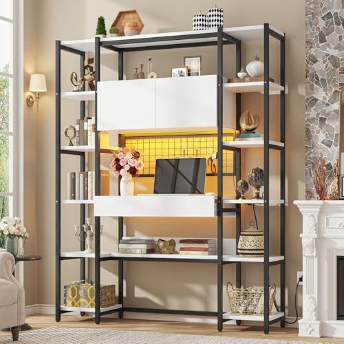 Triple Width 5 Tier Bookshelf with Sorage Cabinet,70.87"large Bookshelf with 12 Open Display Shelves,Industrial Bookshelf LED Lighting and Power Outlet.Suitable for Office Bedroom, Black+White - color: Black+white