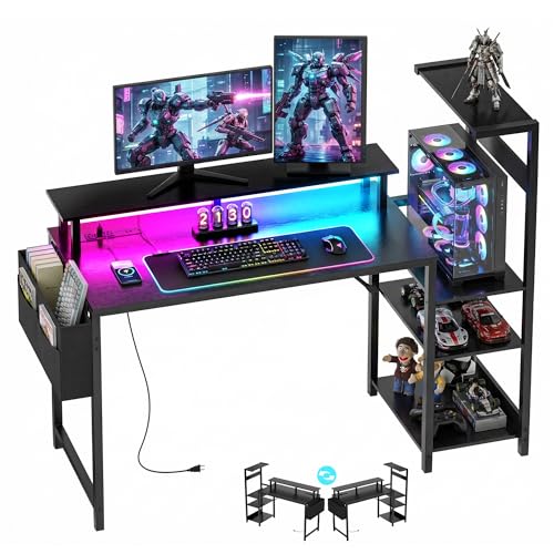 Apicizon 47 Inch Gaming Desk with LED Setup Style, Computer Desk with Storage Shelves & Monitor Stand, Reversible Workstation for Small Space, Home Office Desk with Side Pocket - size: 47inch