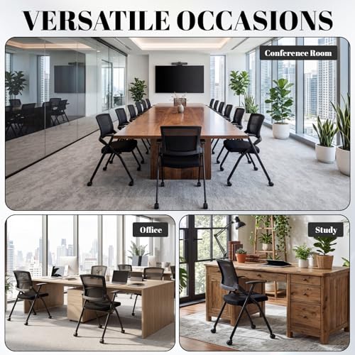 AceOrbit 2 Pcs Foldable Office Chair with PU Wheels Lumbar Support, Armrest, Thick Breathable Mesh Seat Chair for Office Meeting, Conference, Training Room, Black