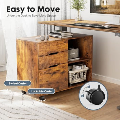 DUMOS Wood File Cabinet with 3 Drawers, Rolling Printer Stand | Under Desk Storage Organizer Home Office Space with Shelves for Files and Office Supplies, Rust - color: Rust Wood