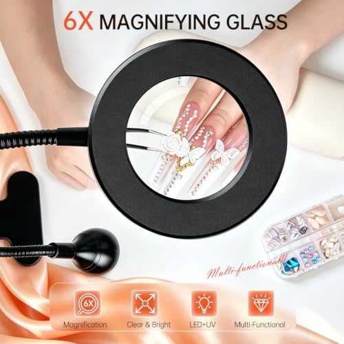 Mlogiroa UV LED Nail Lamp with 6X Magnifier Dual Head Nail Dryer for DIY | 3 Color Temps 4 Brightness, Flexible Gooseneck, USB powered for Gel Curing Repair Reading Hobby, Home Salon