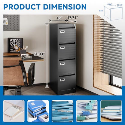 4 Drawer File Cabinet with Lock Metal Vertical File Cabinet Office Home Vertical File Cabinet for A4 Legal/Letter Size Narrow File Cabinet Locked,Assembly Required (Black, 4 Drawers- Vertical) - color: Black, size: 4 Drawers