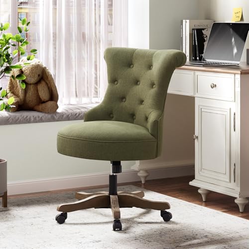 HUIMO Home Office Chair Upholstered Armless Swivel Desk Chair with Wheels | Adjustable Height Computer Desk Chair with Wooden Legs linen Comfortable Swivel Chairs for Farmhouse Study Studio Green - color: Green