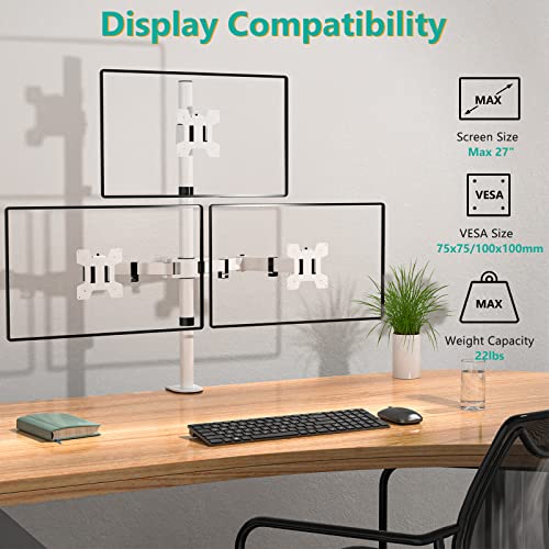 WALI Tall Triple Monitor Stand, Fully Adjustable Three Monitor Desk Mount Fits 3 Screens up to 27 inch, 22 lbs. Weight Capacity per Arm (M003-W), White - color: White (Triple), size: 13"-27"