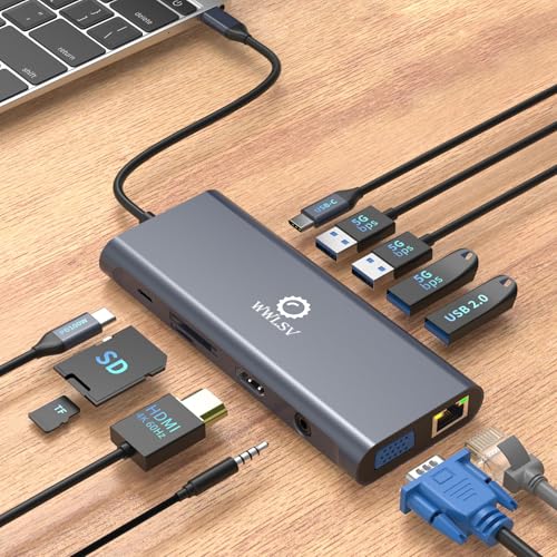 12-in-1 USB C Hub Laptop Docking Station, Dual Monitor Display HDMI 4K@60Hz (Single Display), VGA 1080p (Shared Bandwidth), 100W PD, Ethernet, USB 3.0, SD, Audio, for MacBook, Dell, HP, Lenovo - color: Gray