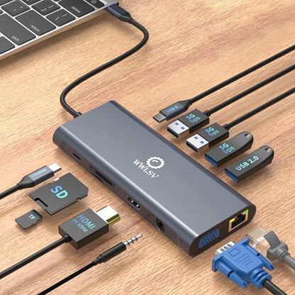 12-in-1 USB C Hub Laptop Docking Station, Dual Monitor Display HDMI 4K@60Hz (Single Display), VGA 1080p (Shared Bandwidth), 100W PD, Ethernet, USB 3.0, SD, Audio, for MacBook, Dell, HP, Lenovo - color: Gray