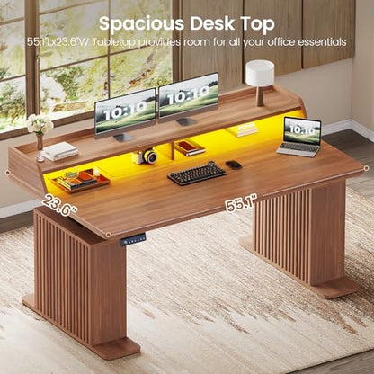 SEDETA Standing Desk with Storage, 55" Fluted Stand Up Desk with Power Outlets and LED Lights, Height-Adjustable Table with Monitor Shelf for Home Office & Gaming, Brown - color: Brown