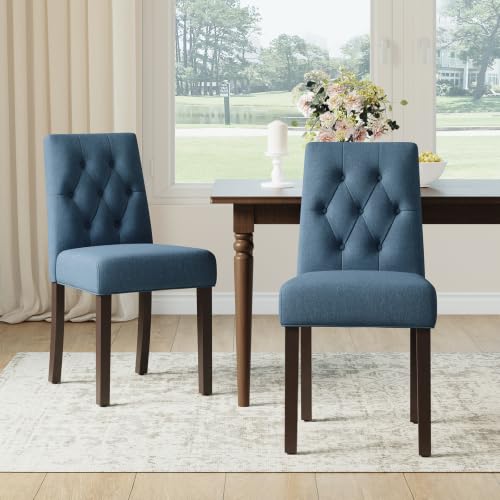 Upholstered Dining Chairs Set of 2, Modern Fabric Dining Chairs with Tufted Design, Kitchen Side Chairs, Farmhouse Dinner Chair with Wood Legs for Kitchen Restaurant Living Room, Blue - color: Blue, size: Set of 2
