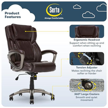Serta Ergonomic Executive Office Chair with Lumbar Support, Leather Chair | Garret, Back Pain Relief, Foam Seat Cushion, Padded Arms, Adjustable Height and Reclining, Office Chair with Wheels, Brown - color: Brown