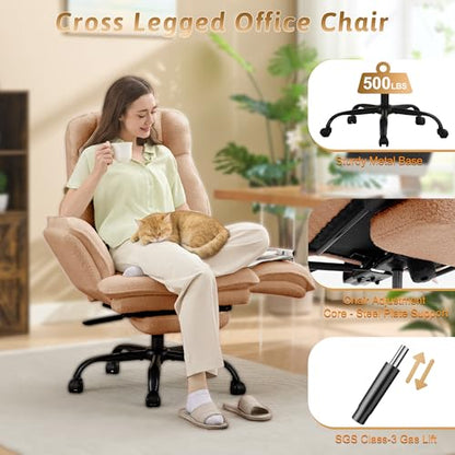 Wider Seat Office Chair with Flip Armrests for Criss Cross Legged&Cats, Big and Tall Executive Ergonomic Reclining Chair with Footrest&Lumbar Pillow, Teddy Fleece Desk Chair,Brown Vanity Chair - color: Brown