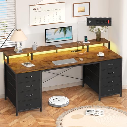 60" Computer Desk with 8 Drawers & Monitor Stand for Home Office, Bedroom | Gaming Desk with LED Lights & Power Outlets, Home Office Desk with 8 Fabric Drawers, Brown & Black - color: Rustic Brown, size: 18.9"D x 59.8"W x 34.9"H