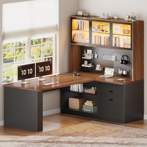 SEDETA L Shaped Computer Office Desk with 3 Wood Drawer and Large Bookshelf - color: Brown
