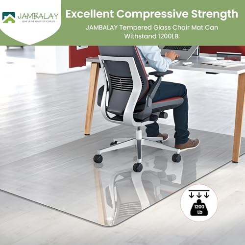 JAMBALAY 55″×46″ Tempered Glass Chair Mat, Heavy Duty Glass Office Floor Mat for Carpets and Wooden Floor, with 12 Anti-Slip Pads, Polished Edges and Round Corners, Easy Roll On, Thick 0.2″ - size: 55"x46"-No Lip