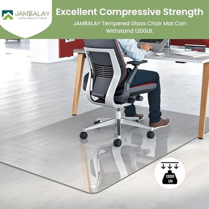 JAMBALAY 55″×46″ Tempered Glass Chair Mat, Heavy Duty Glass Office Floor Mat for Carpets and Wooden Floor, with 12 Anti-Slip Pads, Polished Edges and Round Corners, Easy Roll On, Thick 0.2″ - size: 55"x46"-No Lip