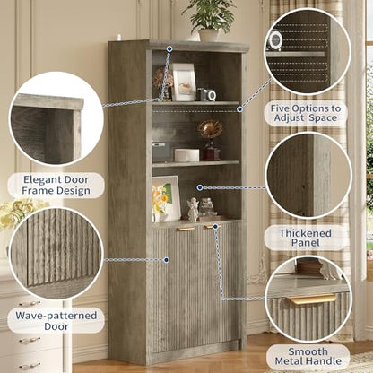 Modern Tall Book Shelf and Bookcase, 31.5"Wide Bookshelf with Doors, Farmhouse Book Case with Adjustable Top Shelf, Wood Storage Cabinet with 5 Tier Display Shelves for Home Office, Living Room,Grey | Farmhouse Book Case with Storage, Wood Storage Cabinet