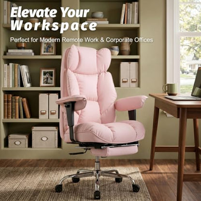 Efomao Executive Office Chair 400lbs,Pink Big and Tall Desk Chair | Mattress-grade pocket spring cushion, sleek leather, 135° recline & footrest for computer gaming setup. - color: 3084p-pink