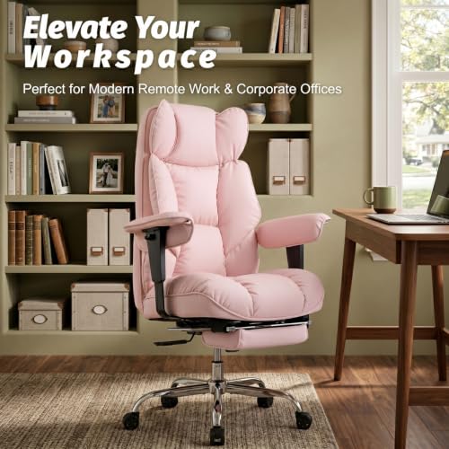 Efomao Executive Office Chair 400lbs,Pink Big and Tall Desk Chair | Mattress-grade pocket spring cushion, sleek leather, 135° recline & footrest for computer gaming setup. - color: 3084p-pink