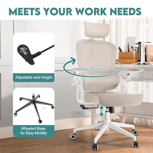 Monhey Ergonomic Office Chair, 90°-125° Tilt Back Home Desk Chair with 360° Swivel & Mute Wheels, High Back Mesh Computer Chair for Adults with Lumbar Support, 330 LBS Capacity (05Khaki) - color: 05khaki