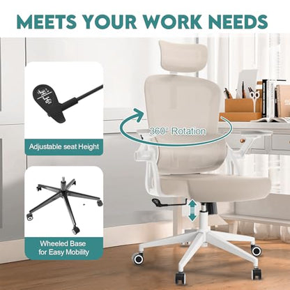 Monhey Ergonomic Office Chair, 90°-125° Tilt Back Home Desk Chair with 360° Swivel & Mute Wheels, High Back Mesh Computer Chair for Adults with Lumbar Support, 330 LBS Capacity (05Khaki) - color: 05khaki