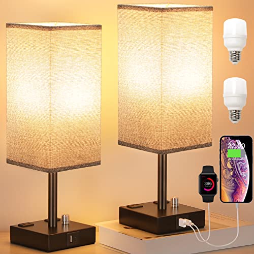 aooshine Gray Fully Dimmable Nightstand Lamps Set of 2 - Table Bedside Lamp with USB C+A Charging Ports & 2 AC Outlets, Square Lamp Sets Linen Fabric Shade for Bedroom Living Room(Bulb Included) | Stepless Dimmable by Rotary Knob, 3000K LED Bulbs Included