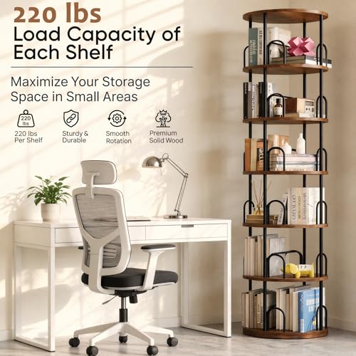 6 Tier Rotating Bookshelf Tower, 360° Revolving SpinningBookcase - color: Black, size: 6 Tiers