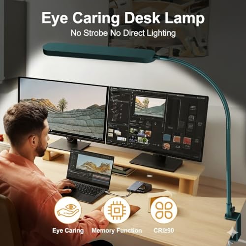 SKYLEO LED Desk Lamp - Desk Light for Home Office - Flexible Gooseneck - 5 Color Modes X 11 Brightness Levels - 1300LM - Timmer & Memory Function - 12W Clip on Light - Green - style: Green gooseneck