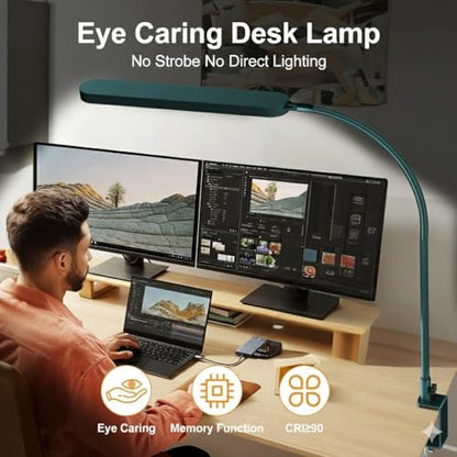 SKYLEO LED Desk Lamp - Desk Light for Home Office - Flexible Gooseneck - 5 Color Modes X 11 Brightness Levels - 1300LM - Timmer & Memory Function - 12W Clip on Light - Green - style: Green gooseneck