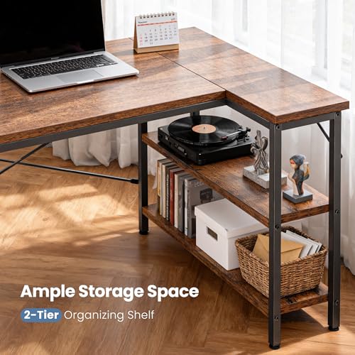 DUMOS L Shaped Computer Desk, 39" Gaming Corner Desks with Shelves | Home Office PC Table, Writing Working Study Desk with Reversible Layout, Bedroom Dorm, Rustic Brown