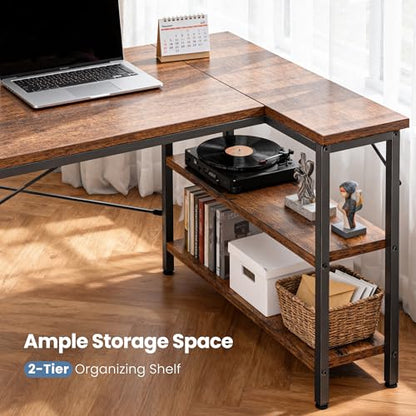 DUMOS L Shaped Computer Desk, 39" Gaming Corner Desks with Shelves | Home Office PC Table, Writing Working Study Desk with Reversible Layout, Bedroom Dorm, Rustic Brown