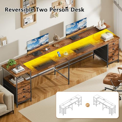 Furologee 95'' Two Person Computer Desk with 6 Drawers, LED, Rustic Brown - color: Rustic Brown