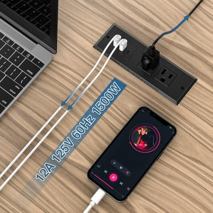 Recessed Power Strip, Flush Mount Power Adapter Charging Station with USB C Plug Multiple Surge Protector Hidden Outlet Extender with Extension Cord for Desk Furniture Table Nightstand Bed (Black)