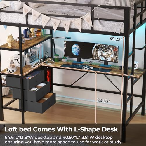 DICTAC Twin Loft Bed with L-Shaped Desk, LED Lights,Charging Station LED Metal Kids Loft Bed Twin Size with 3 Storage Shelves and 3 Fabric Drawers, Safety Guard & Ladder,No Box Spring Needed, Black - color: Black, size: Twin