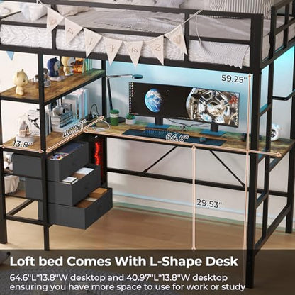 DICTAC Twin Loft Bed with L-Shaped Desk, LED Lights,Charging Station LED Metal Kids Loft Bed Twin Size with 3 Storage Shelves and 3 Fabric Drawers, Safety Guard & Ladder,No Box Spring Needed, Black - color: Black, size: Twin