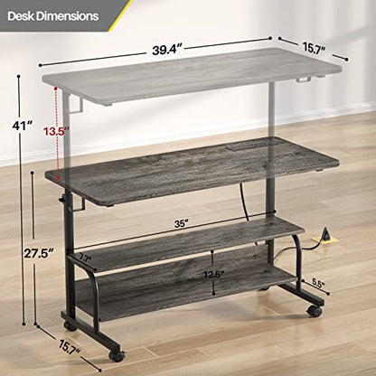 Armocity 39" Rolling Standing Desk with Charging Station for Couch Bed - color: Grey Oak, size: 39''