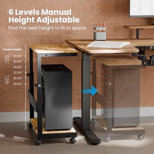 EUREKA ERGONOMIC PC Stand Computer Cart, Height Adjustable Tower Stand 2-Tier Suit for ATX Case Printer, Metal Rolling Cart on Wheels for Gaming Home Office, Antique Wood - color: Antique Wood