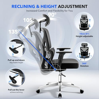 Ergonomic Office Chair Mesh – Adjustable Lumbar 3D Armrests High-Back Desk - color: Black-d1