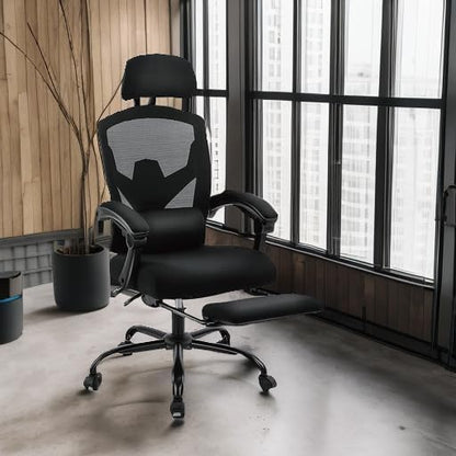 Simple Deluxe Home Office Desk Chair with Footrest, High-Back Mesh Rolling Swivel Reclining Chairs with Wheels, Comfortable Headrest, Lumbar Support, Comfy Arms - color: Black